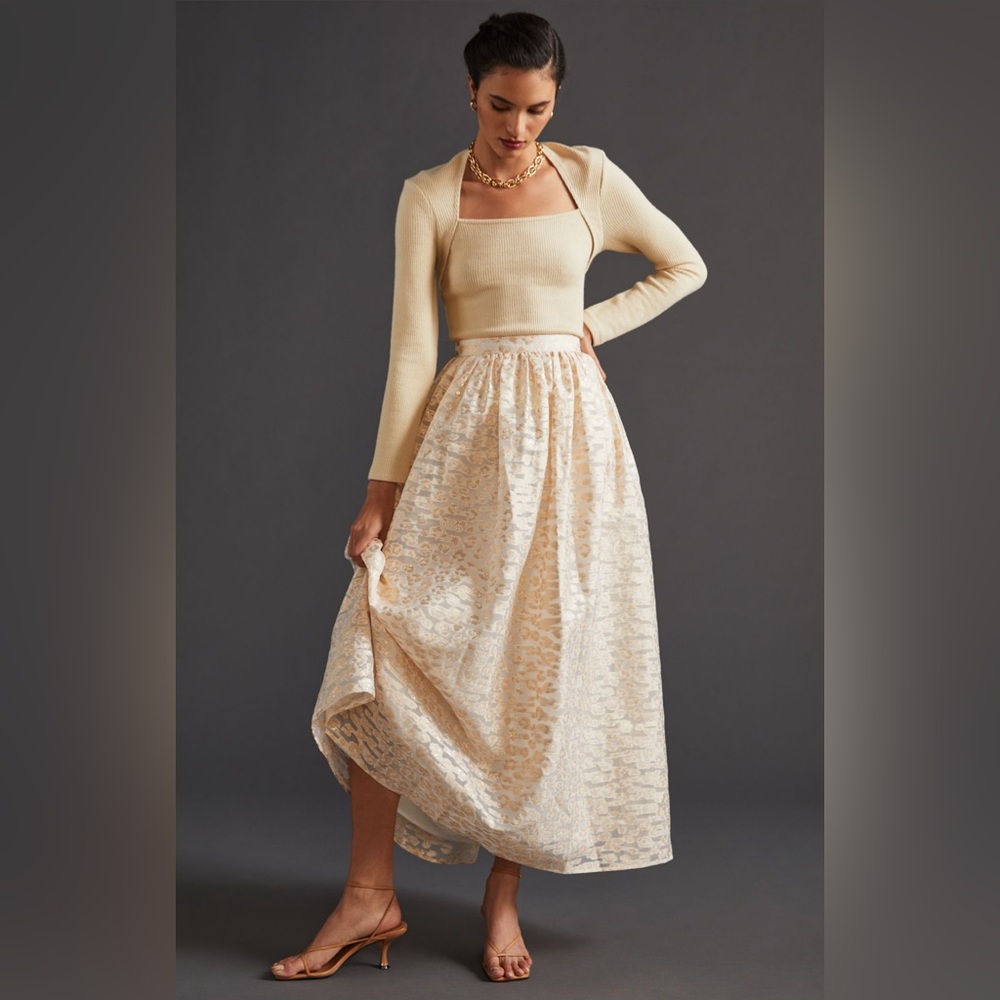 Anthropologie Leopard Cream Midi Skirt